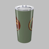 Green tumbler with a logo on a white background